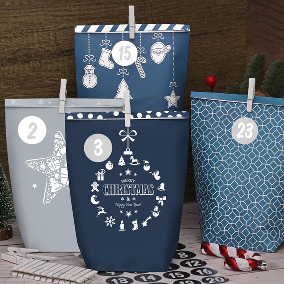 Adventskalender zum Befüllen 2025-24 blau-grauen Papiertüten groß (22x16x6cm) zum Selber füllen - Weihnachtskalender tüten für Kinder Junge und Männer, Wiederverwendbar