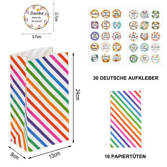 KASZOO 16 Stück Papiertüten,Geschenktüten Candy Tüten mit Aufkleber (Auf Deutsch) zum Verpacken von Geschenken, Giveaways, Kindergeburtstag, Hochzeit, Party (Stripes)