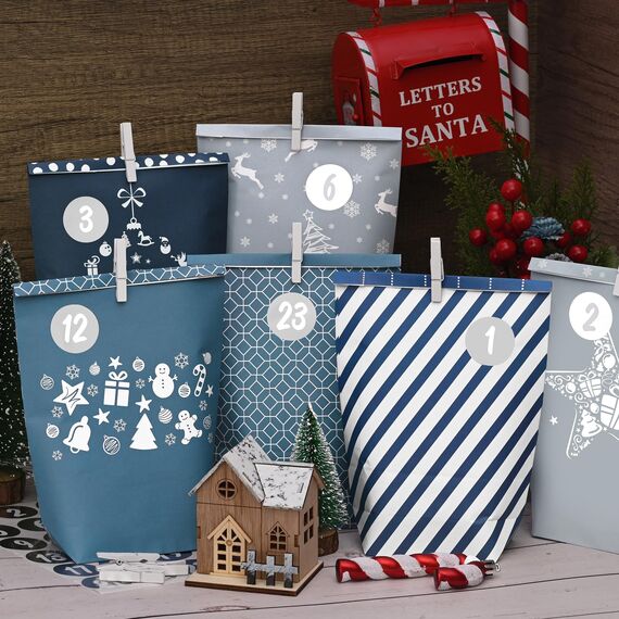 Adventskalender zum Befüllen 2025-24 blau-grauen Papiertüten groß (22x16x6cm) zum Selber füllen - Weihnachtskalender tüten für Kinder Junge und Männer, Wiederverwendbar