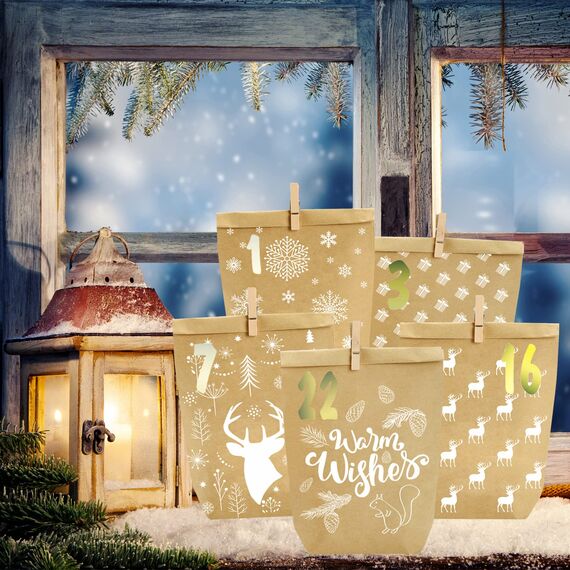PANSIBY Adventskalender zum Befüllen, 24 Weihnachtskalender Geschenk Papiertüten Groß zum Selber Befüllen, Kraftpapiertüten Advents Tüten Selbstbefüllen mit Aufkleber für Kinder & Erwachsene