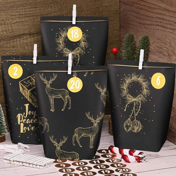 Adventskalender Tüten zum Befüllen, Weihnachtskalender Papiertüten zum Selber Basteln, DIY Advents Kraftpapiertüten Selbstbefüllen zum selbst füllen,Schwarzgold motiv, 24 Bedruckte Geschenktüten