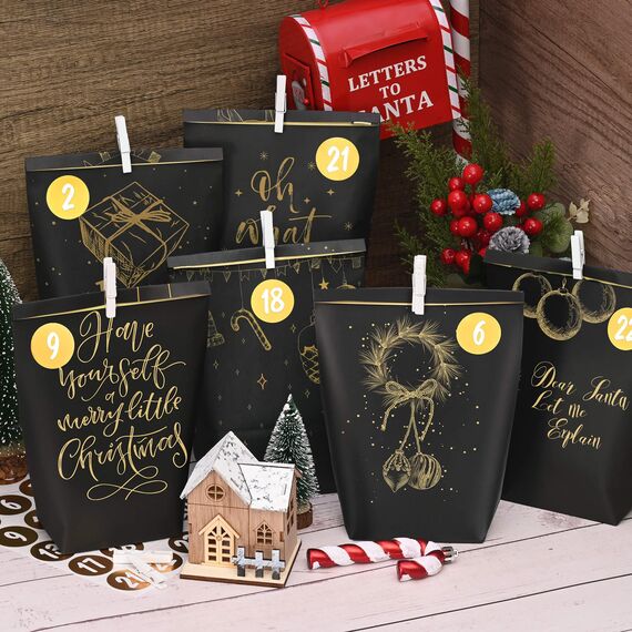 Adventskalender Tüten zum Befüllen, Weihnachtskalender Papiertüten zum Selber Basteln, DIY Advents Kraftpapiertüten Selbstbefüllen zum selbst füllen,Schwarzgold motiv, 24 Bedruckte Geschenktüten
