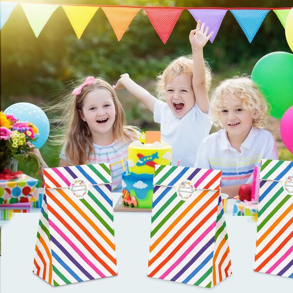 KASZOO 16 Stück Papiertüten,Geschenktüten Candy Tüten mit Aufkleber (Auf Deutsch) zum Verpacken von Geschenken, Giveaways, Kindergeburtstag, Hochzeit, Party (Stripes)