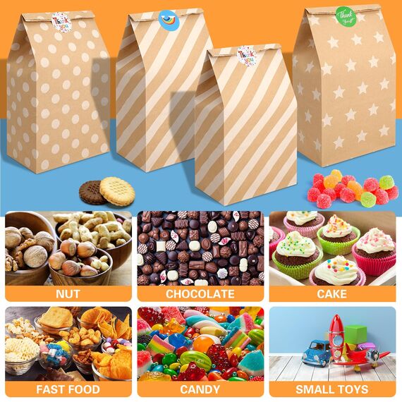 Mexgcom 20 Stück Papiertüten Braun, Papiertüten Kindergeburtstag Geschenktüten Kindergeburtstage mit 48 Aufkleber, 24 x 13 x 8 cm Tüten Papier für Kindergeburtstag, Hochzeit, Feiern