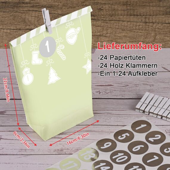 Adventskalender zum Befüllen 2025, Weihnachtskalender Papiertüten, Kraftpapiertüten zum selbst füllen,grüner Stil, 24 Bedruckte Geschenktüten für Kinder Junge und Mädchen, Wiederverwendbar