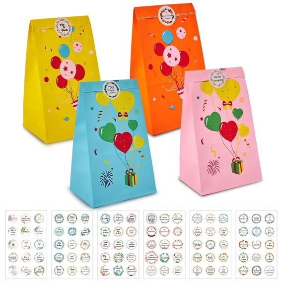 KASZOO 40 Stück Papiertüten, Bunte Geschenktüiten Candy Tüten mit 90 Aufkleber (Auf Deutsch) zum Verpacken von Geschenken, Giveaways, Kindergeburtstag, Hochzeit, Party,usw