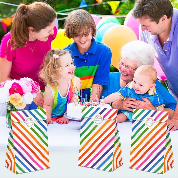 KASZOO 16 Stück Papiertüten,Geschenktüten Candy Tüten mit Aufkleber (Auf Deutsch) zum Verpacken von Geschenken, Giveaways, Kindergeburtstag, Hochzeit, Party (Stripes)