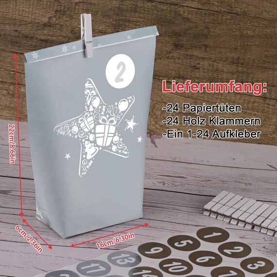 Adventskalender zum Befüllen 2025-24 blau-grauen Papiertüten groß (22x16x6cm) zum Selber füllen - Weihnachtskalender tüten für Kinder Junge und Männer, Wiederverwendbar