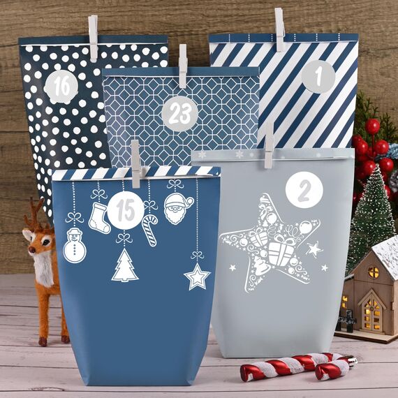 Adventskalender zum Befüllen 2025-24 blau-grauen Papiertüten groß (22x16x6cm) zum Selber füllen - Weihnachtskalender tüten für Kinder Junge und Männer, Wiederverwendbar