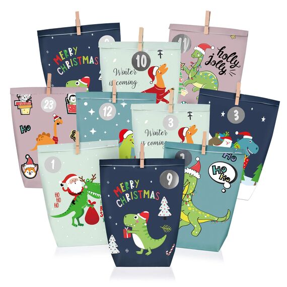 adventskalender zum Befüllen, 24 Weihnachtskalender Geschenk Papiertüten Groß zum Selber Befüllen,Motiv Farbenfroher Dinosaurier ,Kraftpapiertüten Advents Tüten Selbstbefüllen für Kinder & Erwachsene