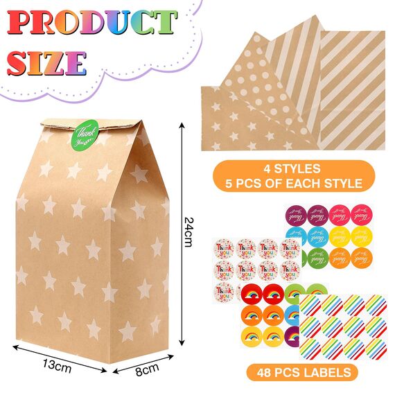 Mexgcom 20 Stück Papiertüten Braun, Papiertüten Kindergeburtstag Geschenktüten Kindergeburtstage mit 48 Aufkleber, 24 x 13 x 8 cm Tüten Papier für Kindergeburtstag, Hochzeit, Feiern