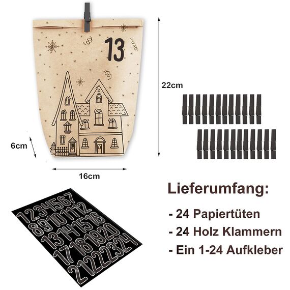 PANSIBY Adventskalender zum Befüllen, 24 Weihnachtskalender Geschenk Papiertüten Groß zum Selber Befüllen, Kraftpapiertüten Advents Tüten Selbstbefüllen mit Aufkleber für Kinder & Erwachsene