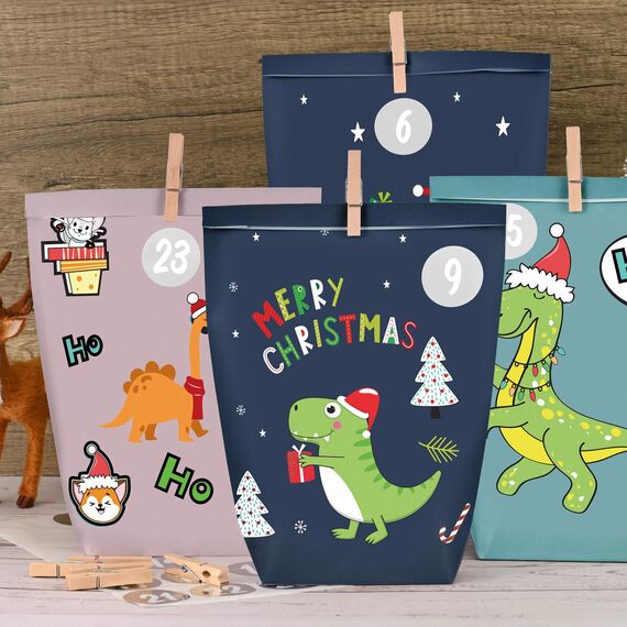 adventskalender zum Befüllen, 24 Weihnachtskalender Geschenk Papiertüten Groß zum Selber Befüllen,Motiv Farbenfroher Dinosaurier ,Kraftpapiertüten Advents Tüten Selbstbefüllen für Kinder & Erwachsene