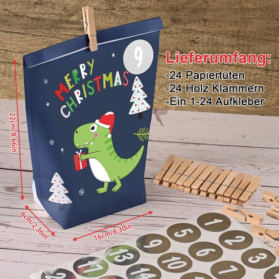 adventskalender zum Befüllen, 24 Weihnachtskalender Geschenk Papiertüten Groß zum Selber Befüllen,Motiv Farbenfroher Dinosaurier ,Kraftpapiertüten Advents Tüten Selbstbefüllen für Kinder & Erwachsene