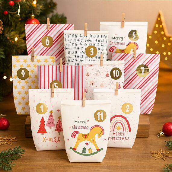 Adventskalender zum Befüllen, Weihnachtskalender zum selber befüllen, 24 Bedruckt Adventstüten zum selbst füllen, Geschenk Papiertüten mit Zahlen Aufkleber zum Selbstbefüllen (Rot)