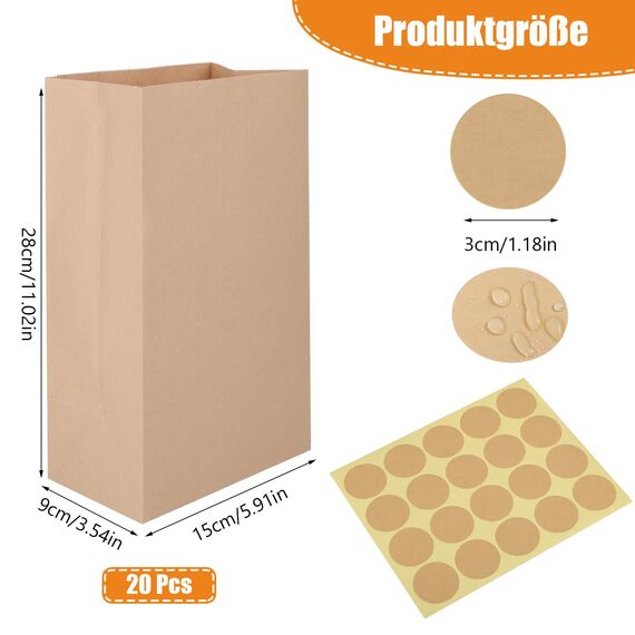 20 Stück Papiertüten Braun, 28x15x9cm Kraftpapiertüten Geschenktüten mit 20 Aufkleber Flachboden Papier Beutel für Ramadan Hochzeit Valentinstag Ostern zum Befüllen