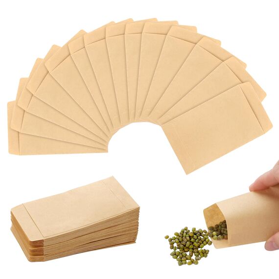 150 Stück Papiertüten Klein, 6 x 10 cm Samentütchen Minitüten Kleine Papiertüten zum Befüllen Flachbeutel Mini Kraftpapiertüten für Samen Ramadan Münzen Valentinstag Ostern (Braun)