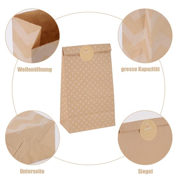 30 Stück Papiertüten Klein, 24x13x8cm Geschenktüten Braun Kraftpapiertüten Partytüten mit 30 Aufkleber Candy Tüten Butterbrottüten für Hochzeit Ramadan Geburtstag Valentinstag Ostern
