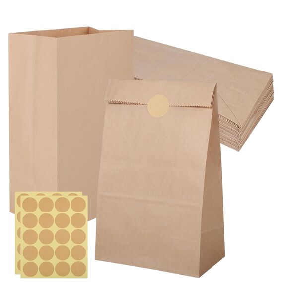 20 Stück Papiertüten Braun, 28x15x9cm Kraftpapiertüten Geschenktüten mit 20 Aufkleber Flachboden Papier Beutel für Ramadan Hochzeit Valentinstag Ostern zum Befüllen