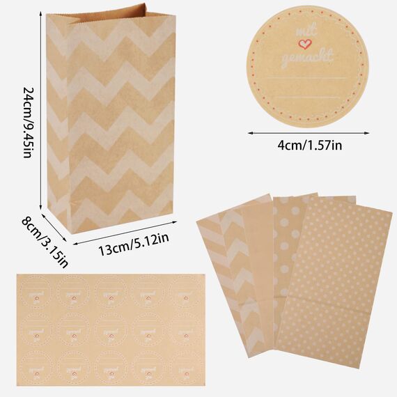 30 Stück Papiertüten Klein, 24x13x8cm Geschenktüten Braun Kraftpapiertüten Partytüten mit 30 Aufkleber Candy Tüten Butterbrottüten für Hochzeit Ramadan Geburtstag Valentinstag Ostern