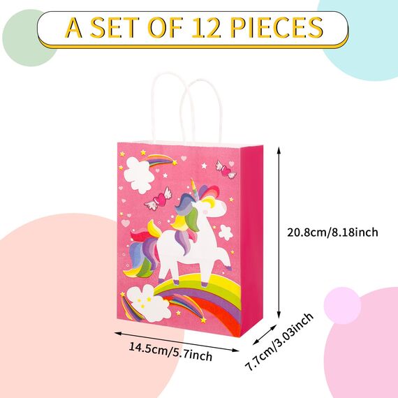 Xinstroe 12 Stück Papiertüten Kinder Geschenktüten Partytüten Einhorn Papiertüten Papier Tüten zum Verpacken von Geschenken, Giveaways, Kindergeburtstag, Hochzeit, Party, Einhorn Rosa