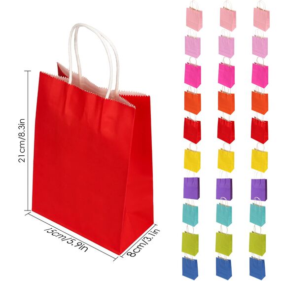 30 Stück Papiertüten 10 Farben Geschenktüten, Kraftpapiertüten mit henkel, Geschenktüten für Hochzeitsfeier, Candy Tüten zum Verpacken von Kindergeburtstag, Party, Geschenken, Feiern(15 x 8 x 21 cm)