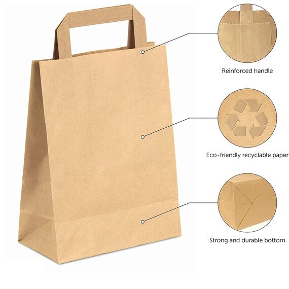 PAKNOR® 50stk Braun Papiertüten mit Henkel - 18 x 23 x 8,5 cm, Papiertragetasche mit Flachgriff, Geschenktüten, Kraftpapiertüte, DIY Adventskalender