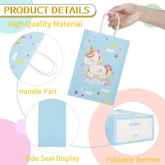 Xinstroe 12 Stück Papiertüten Kinder Geschenktüten Partytüten Einhorn Papiertüten Papier Tüten zum Verpacken von Geschenken, Giveaways, Kindergeburtstag, Hochzeit, Party, Einhorn Rosa