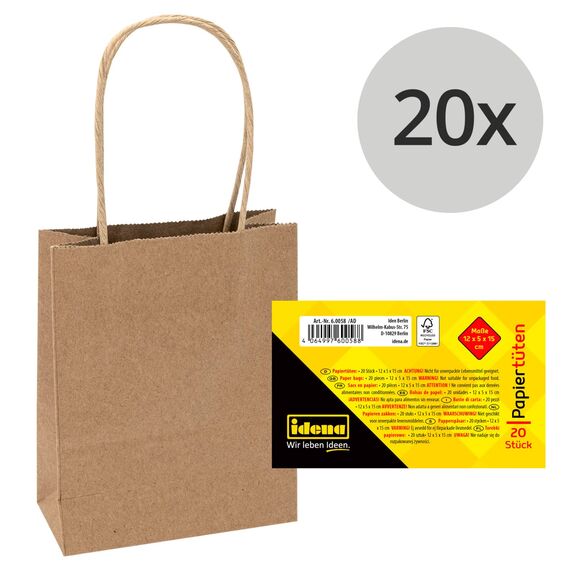 Idena 60058 - Papiertüten, 20 Stück, 12 x 5 x 15 cm, Geschenktüten, Kraftpapier Tüten, Basteltüten zum Verzieren und Verschenken, Braun