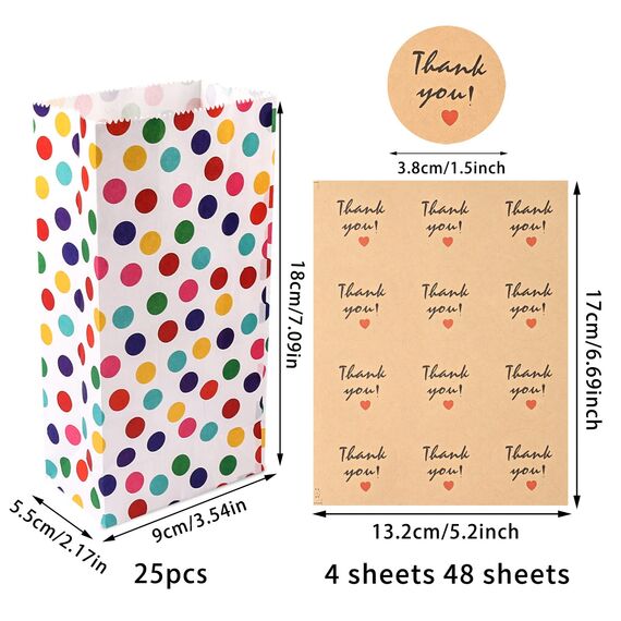 25 Stück Papiertüten Kindergeburtstag Klein, 18 x 9 x 5,5 cm Geschenktüten Klein mit 48 Aufkleber Regenbogen Punkte Mitgebsel Candy Tüten für Valentinstag Ostern Hochzeit Geburtstag Party