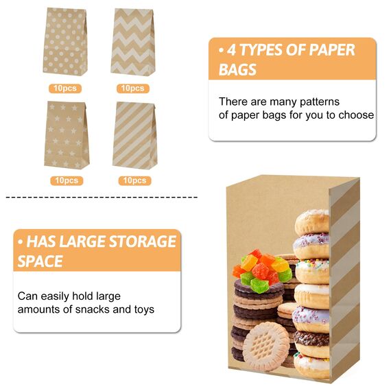 40 Stück Papiertüten Braun mit 96 Aufkleber, 24x13x8cm Geschenktüten Braun Kraftpapiertüten DIY Süßigkeiten Beutel Mitgebsel Tüten für Hochzeit Candy bar Geburtstag Tüten zum Befüllen