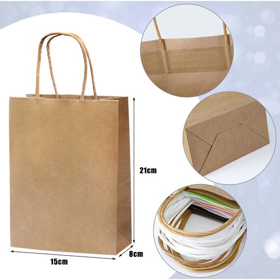 rokrist Bunte Geschenktüten mit Henkel 15 Stück Papiertüten Bunt, Bunte Kraftpapier Partytüten, für Weihnachten Partys, Hochzeiten, Geburtstag, Feiern, Süßigkeiten, DIY (21x15x8cm)