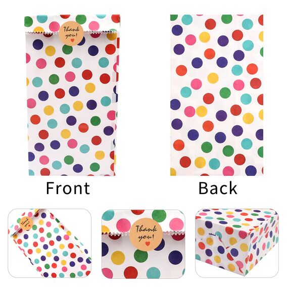 25 Stück Papiertüten Kindergeburtstag Klein, 18 x 9 x 5,5 cm Geschenktüten Klein mit 48 Aufkleber Regenbogen Punkte Mitgebsel Candy Tüten für Valentinstag Ostern Hochzeit Geburtstag Party