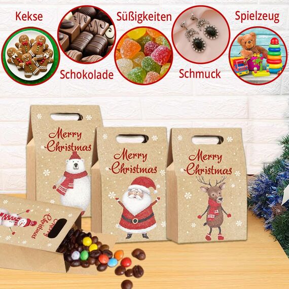 Geschenktüten Weihnachten, Weihnachtstüten Papiertüten mit Griff, Partytasche Geschenkbox Kraftpapier Verpackung, Schokolade SüßIgkeiten Organizer -24STK-