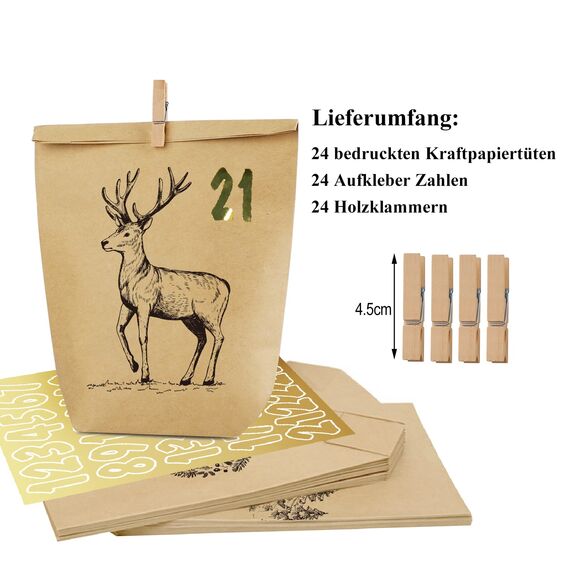 Adventskalender Tüten zum Befüllen, Weihnachtskalender Papiertüten zum Selber Basteln, DIY Advents Kraftpapiertüten Selbstbefüllen zum selbst füllen, 24 Bedruckte Geschenktüten für Kinder Erwachsene