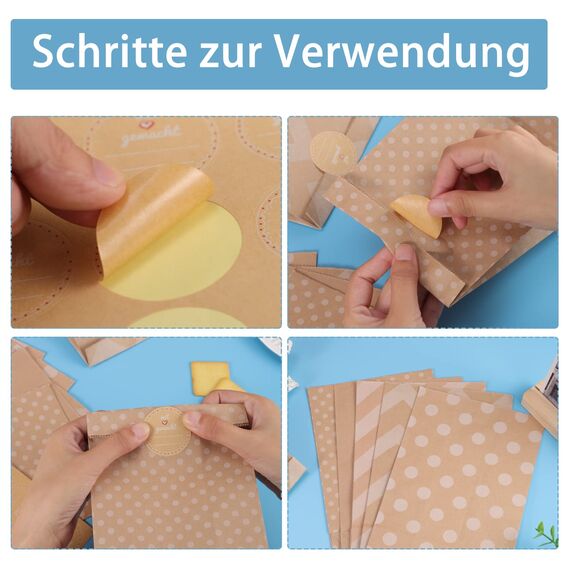 30 Stück Papiertüten Klein, 24x13x8cm Geschenktüten Braun Kraftpapiertüten Partytüten mit 30 Aufkleber Candy Tüten Butterbrottüten für Hochzeit Ramadan Geburtstag Valentinstag Ostern