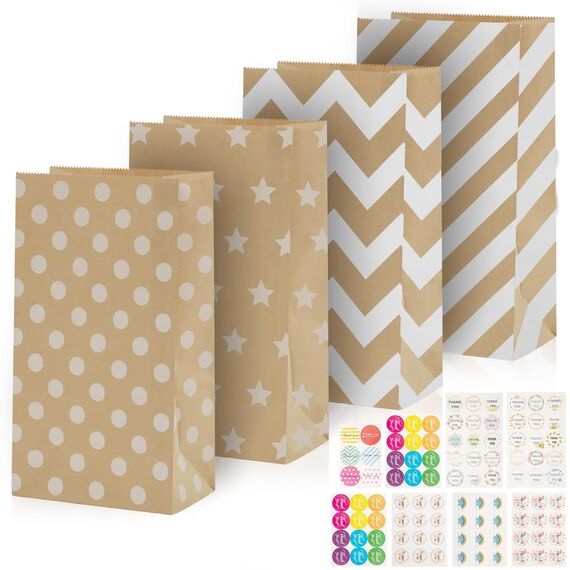 40 Stück Papiertüten Braun mit 96 Aufkleber, 24x13x8cm Geschenktüten Braun Kraftpapiertüten DIY Süßigkeiten Beutel Mitgebsel Tüten für Hochzeit Candy bar Geburtstag Tüten zum Befüllen