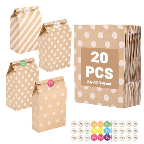 Ledebouk Papiertüten Kindergeburtstag, 20 Stück Geschenktüten Braun Tüten Papier mit 24 Aufkleber, Candy Tüten für Verpacken von Geschenken Giveaways Festivals Partys 24×12,7×8 cm