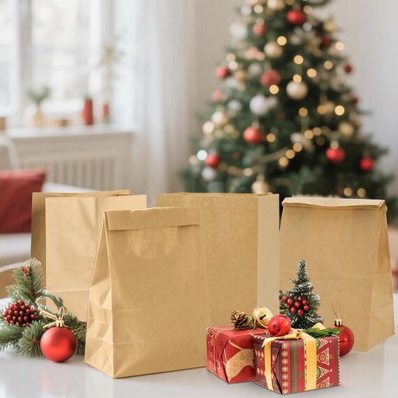 100 Stück Papiertüten Braun, Geschenktüten Braun Tüten Papier, Papiertüten zum Verpacken von Weihnachtsgeschenken, Giveaways, Kindergeburtstagen 18.5 x13.5 x 7.8cm