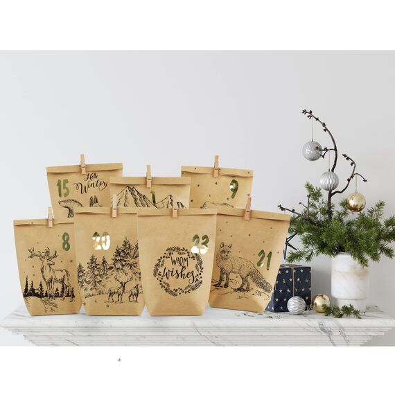 Adventskalender Tüten zum Befüllen, Weihnachtskalender Papiertüten zum Selber Basteln, DIY Advents Kraftpapiertüten Selbstbefüllen zum selbst füllen, 24 Bedruckte Geschenktüten für Kinder Erwachsene