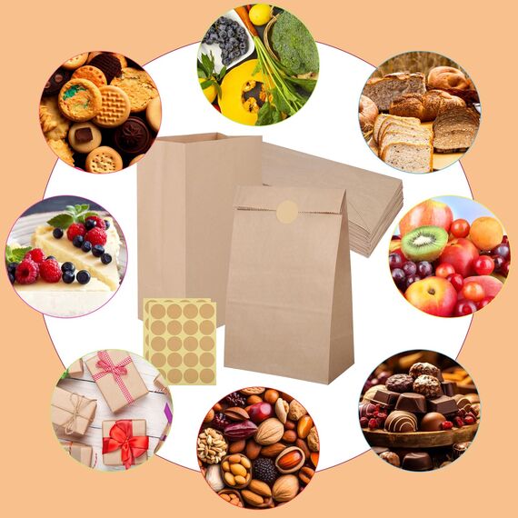 20 Stück Papiertüten Braun, 28x15x9cm Kraftpapiertüten Geschenktüten mit 20 Aufkleber Flachboden Papier Beutel für Ramadan Hochzeit Valentinstag Ostern zum Befüllen