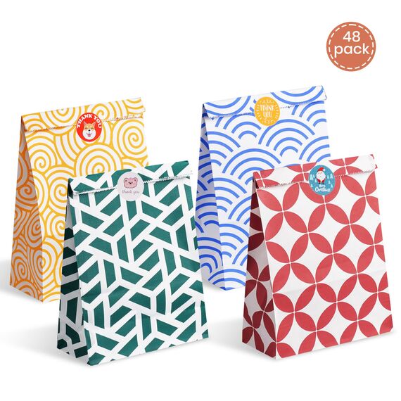 Parmedu Bunte Papiertüten für Geschenke: 48 mittelgroße Geschenktüten - 24*17*8CM mit 48 Stickern, Lebensmittelechte Mitnahme-Tüten für Weihnachten, Feste, Geburtstage, Partys, Hochzeiten, Babypartys
