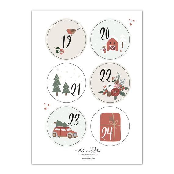 Him & I® - 24 Adventskalender Zahlen Sticker für Weihnachtskalender - Aufkleber für Advents-Kalender (rund/matt / 40mm) - Nummern für Papiertüten - perfekt für DIY Adventskalender basteln & befüllen