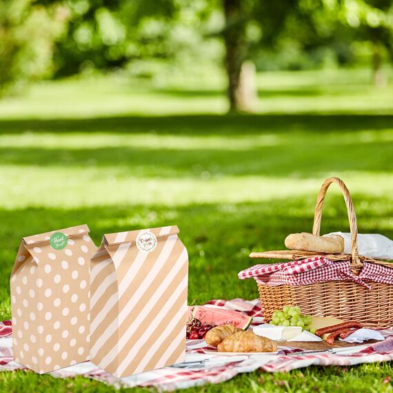 Ledebouk Papiertüten Kindergeburtstag, 20 Stück Geschenktüten Braun Tüten Papier mit 24 Aufkleber, Candy Tüten für Verpacken von Geschenken Giveaways Festivals Partys 24×12,7×8 cm