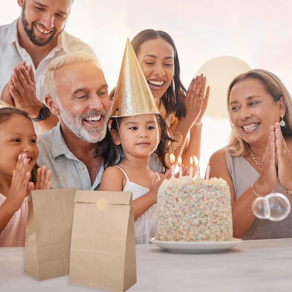 20 Stück Papiertüten Braun, 28x15x9cm Kraftpapiertüten Geschenktüten mit 20 Aufkleber Flachboden Papier Beutel für Ramadan Hochzeit Valentinstag Ostern zum Befüllen