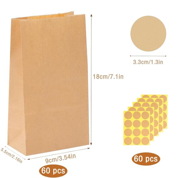 60 Stück Papiertüten Adventskalender Klein, 9x18x5.5cm Geschenktüten Braun Kraftpapier Tüten Mit Aufkleber, Butterbrottüten Mitgebsel Tüten DIY Papiertüten für Weihnachten Hochzeit Geburtstag