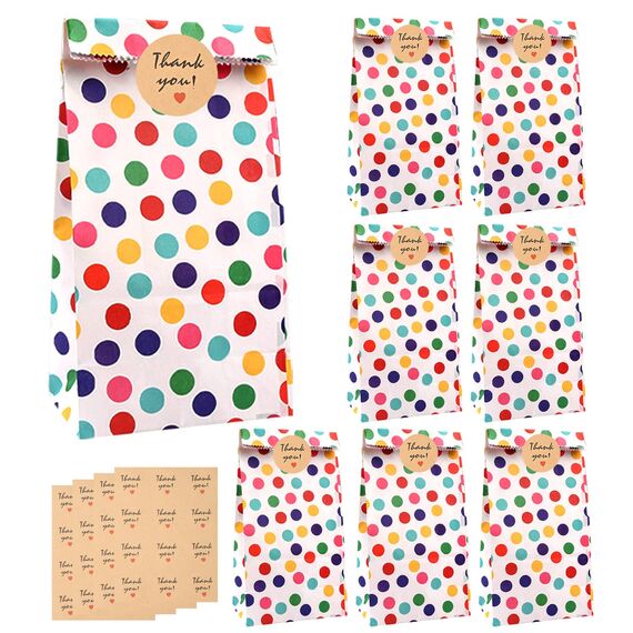 25 Stück Papiertüten Kindergeburtstag Klein, 18 x 9 x 5,5 cm Geschenktüten Klein mit 48 Aufkleber Regenbogen Punkte Mitgebsel Candy Tüten für Valentinstag Ostern Hochzeit Geburtstag Party