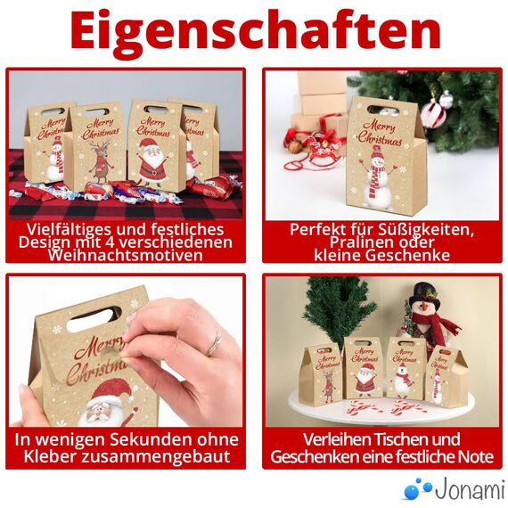 Geschenktüten Weihnachten, Weihnachtstüten Papiertüten mit Griff, Partytasche Geschenkbox Kraftpapier Verpackung, Schokolade SüßIgkeiten Organizer -24STK-