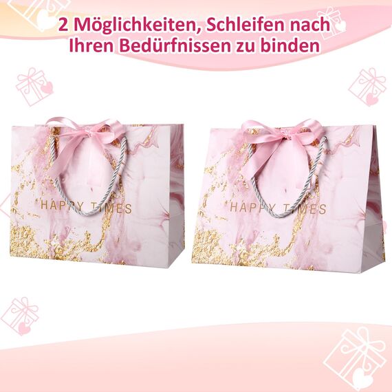 Newofview 3 Stück Geschenktüten, 25x20x12cm Geschenktasche, Geschenktüte mit Henkel und Schleifenbändern, Papiertüten Partytüten Geschenk Tüten für Geburtstag, Weihnachten, Hochzeit, Neujahr