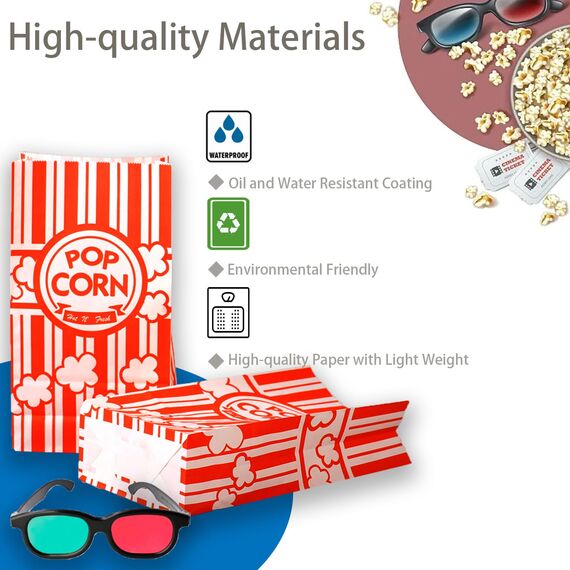 100 Stück Popcorntüten Klein, Popcorn Tüten Klein, Popcorn Boxen Papiertüten Partytüte Candy Tüte Rot & Weiß Gestreiften